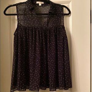 Navy Blue Sleeveless Blouse with Polka Dots